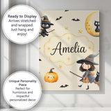 Personalised Name Cute Witch Girl Riding Custom  Unique Gift Idea Elegant Feature Canvas Wall Art Print Decor Picture Ready to Hang