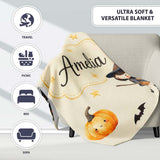 Cute Witch Girl Riding Broom with Black Cat Soft Cream Background  Personalised Custom Name Super Soft Fleece Blanket Bed Sofa Throw