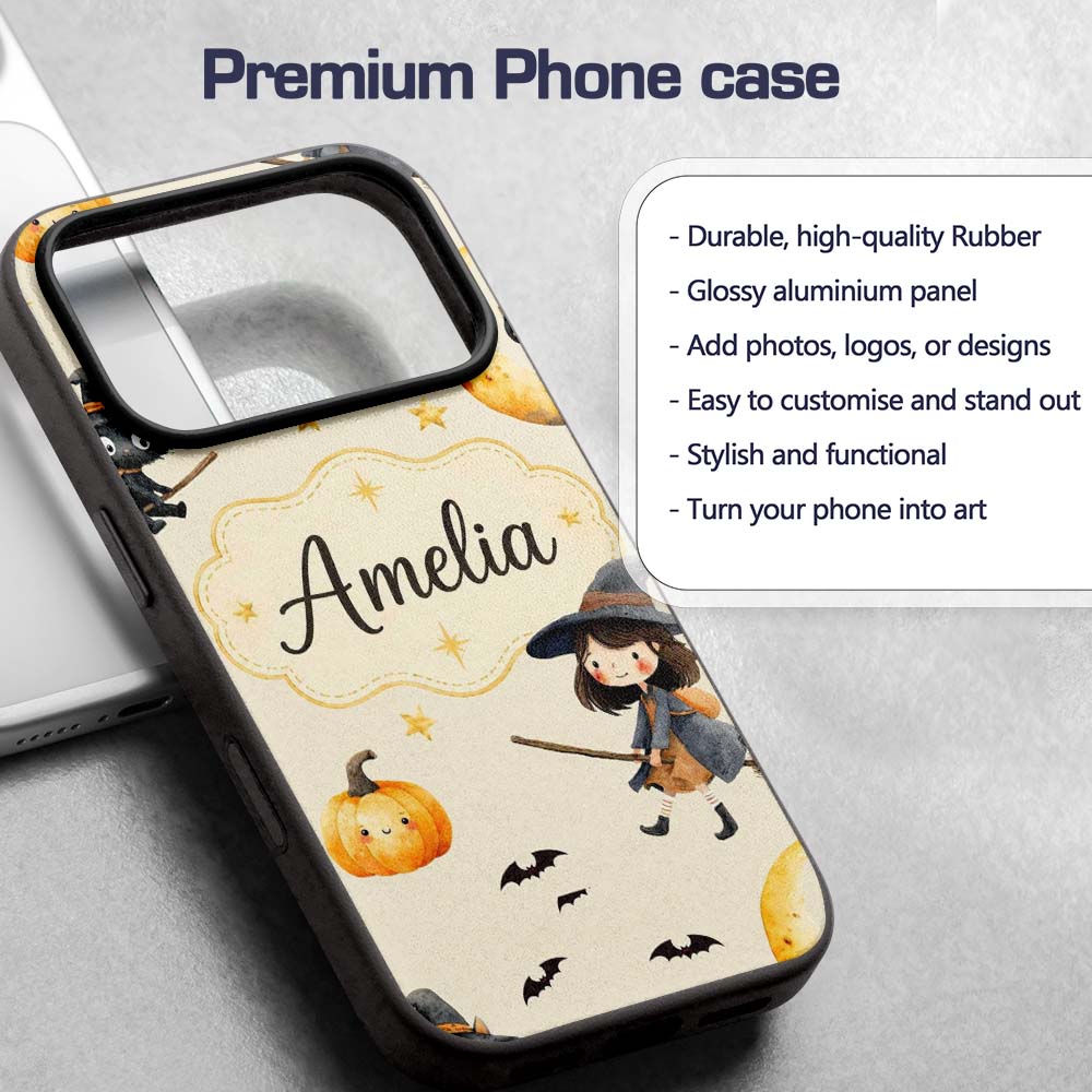 Cute Witch Girl Riding Broom with Black Cat Soft Custom Name Protective Phone Case Mobile Cover Durable Everyday Smartphone Shock Resistant