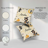Custom Name Witch Girl Riding Broom with Black Cat Soft Cream Square Filled Cushion Throw Pillow Sofa Bed Home Decor Zip Washable UK Made
