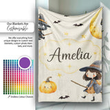 Cute Witch Girl Riding Broom with Black Cat Soft Cream Background  Personalised Custom Name Super Soft Fleece Blanket Bed Sofa Throw