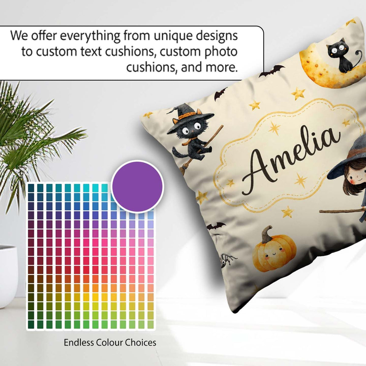 Custom Name Witch Girl Riding Broom with Black Cat Soft Cream Square Filled Cushion Throw Pillow Sofa Bed Home Decor Zip Washable UK Made