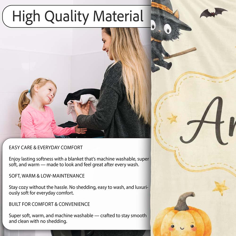 Cute Witch Girl Riding Broom with Black Cat Soft Cream Background  Personalised Custom Name Super Soft Fleece Blanket Bed Sofa Throw