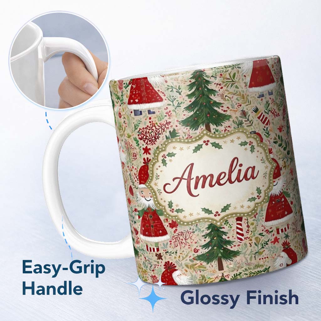 Personalized Custom Name Cute Christmas Gnome Santa Tree Holiday Festive Seamless Pattern 11oz Ceramic Coffee Tea Mug White Large Handle