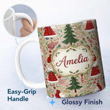 Personalized Custom Name Cute Christmas Gnome Santa Tree Holiday Festive Seamless Pattern 11oz Ceramic Coffee Tea Mug White Large Handle