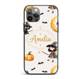 Cute Halloween Witch Girl Cat and Crescent Moon Custom Name Protective Phone Case Mobile Cover Durable Everyday Smartphone Shock Resistant