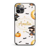 Cute Halloween Witch Girl Cat and Crescent Moon Custom Name Protective Phone Case Mobile Cover Durable Everyday Smartphone Shock Resistant