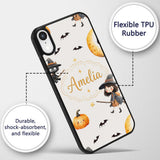 Cute Halloween Witch Girl Cat and Crescent Moon Custom Name Protective Phone Case Mobile Cover Durable Everyday Smartphone Shock Resistant