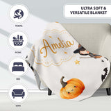 Cute Halloween Witch Girl Cat and Crescent Moon Light Grey Lovely  Personalised Custom Name Super Soft Fleece Blanket Bed Sofa Throw