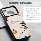 Cute Halloween Witch Girl Cat and Crescent Moon Custom Name Protective Phone Case Mobile Cover Durable Everyday Smartphone Shock Resistant