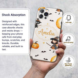 Cute Halloween Witch Girl Cat and Crescent Moon Custom Name Protective Phone Case Mobile Cover Durable Everyday Smartphone Shock Resistant
