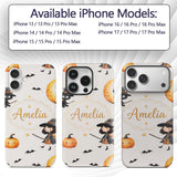 Cute Halloween Witch Girl Cat and Crescent Moon Custom Name Protective Phone Case Mobile Cover Durable Everyday Smartphone Shock Resistant