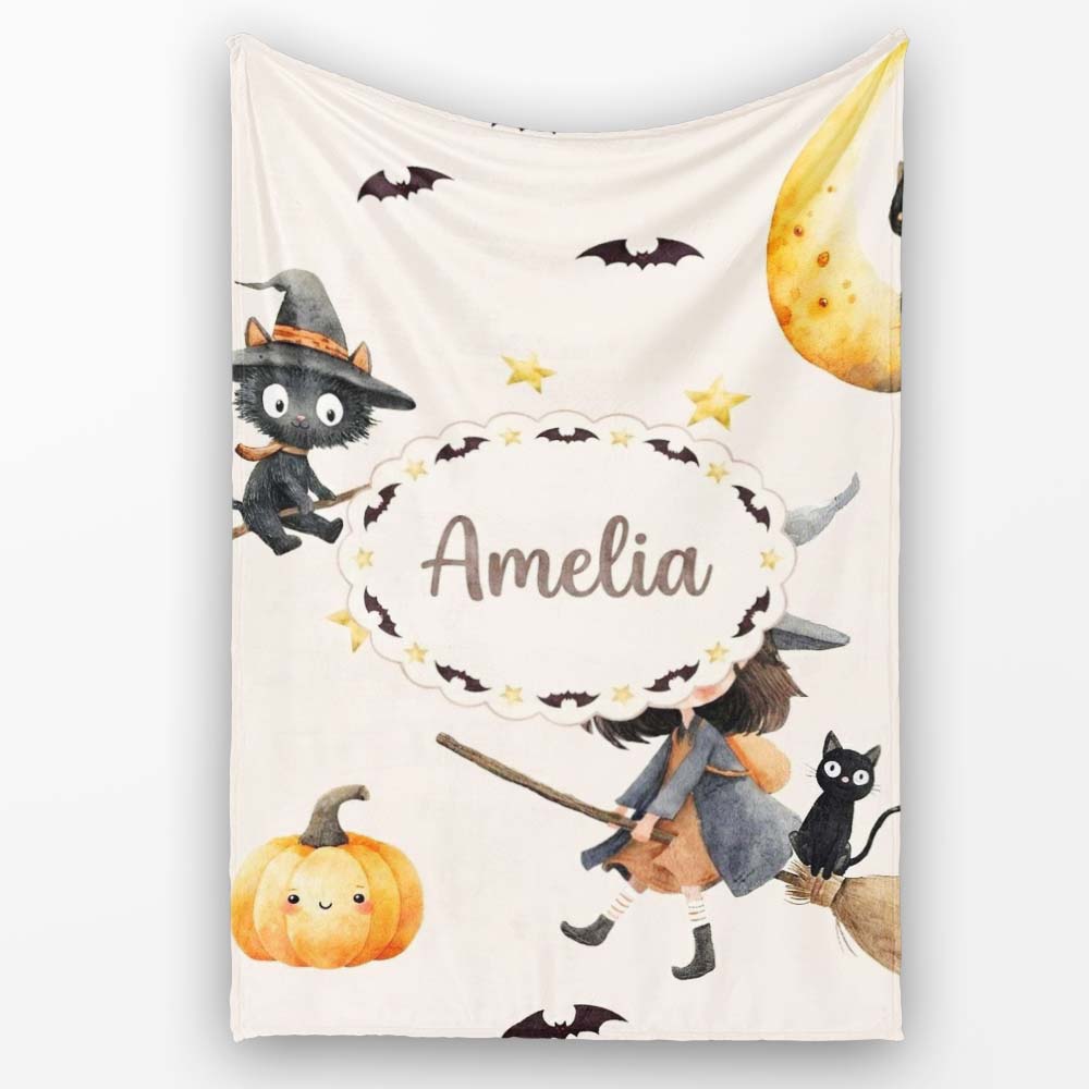 Cute Witch Girl and Black Cat with Stars and Moon Beige Background  Personalised Custom Name Super Soft Fleece Blanket Bed Sofa Throw