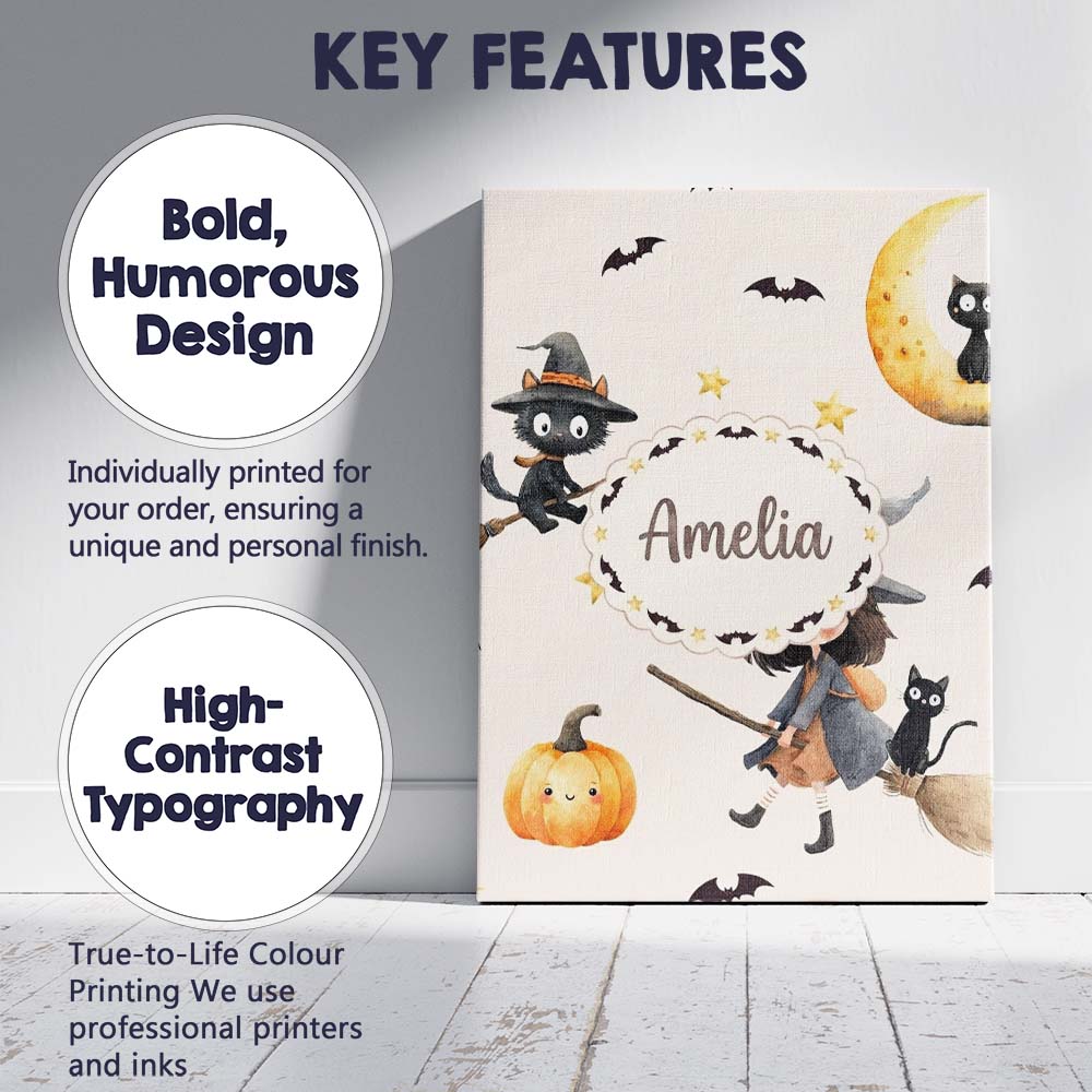 Personalised Name Cute Witch Girl and Black Custom  Bespoke Interior Contemporary Canvas Wall Art Print Decor Picture Ready to Hang