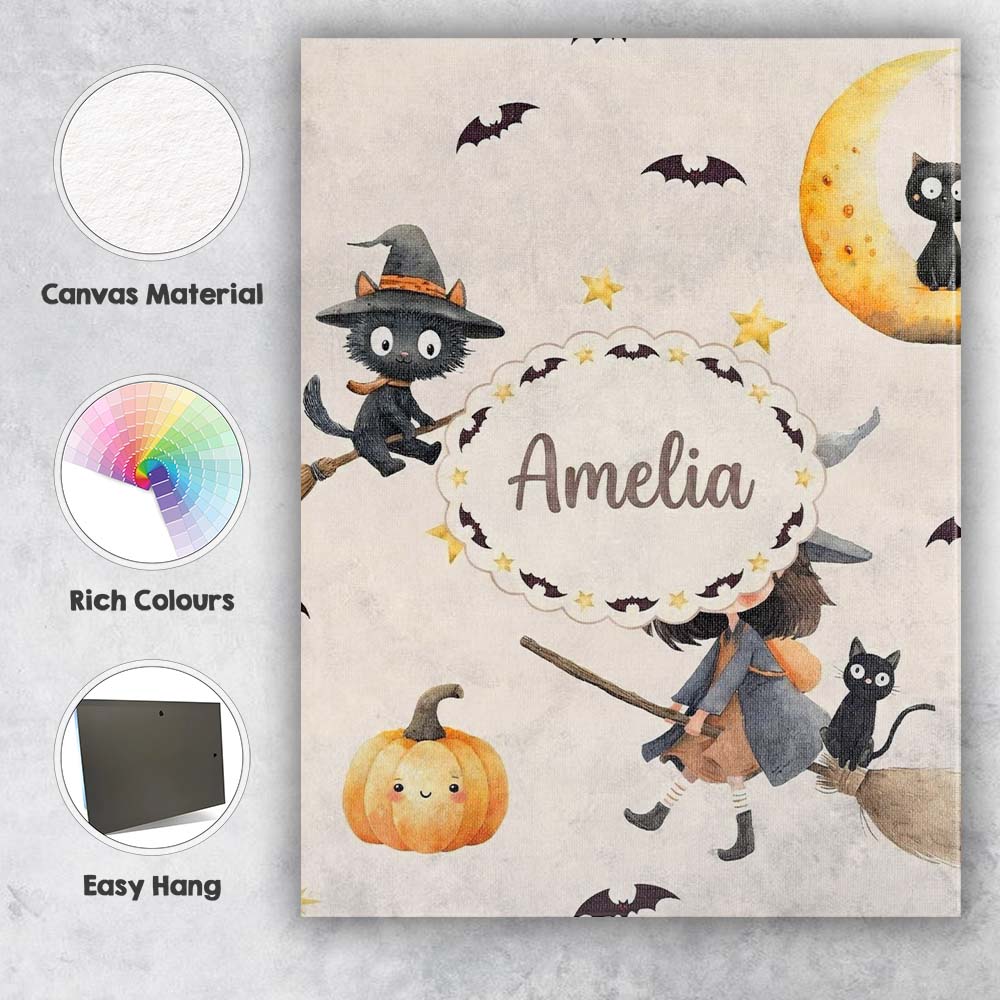 Personalised Name Cute Witch Girl and Black Custom  Bespoke Interior Contemporary Canvas Wall Art Print Decor Picture Ready to Hang