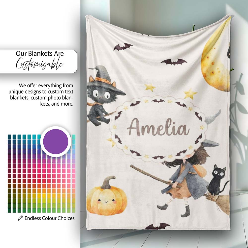Cute Witch Girl and Black Cat with Stars and Moon Beige Background  Personalised Custom Name Super Soft Fleece Blanket Bed Sofa Throw