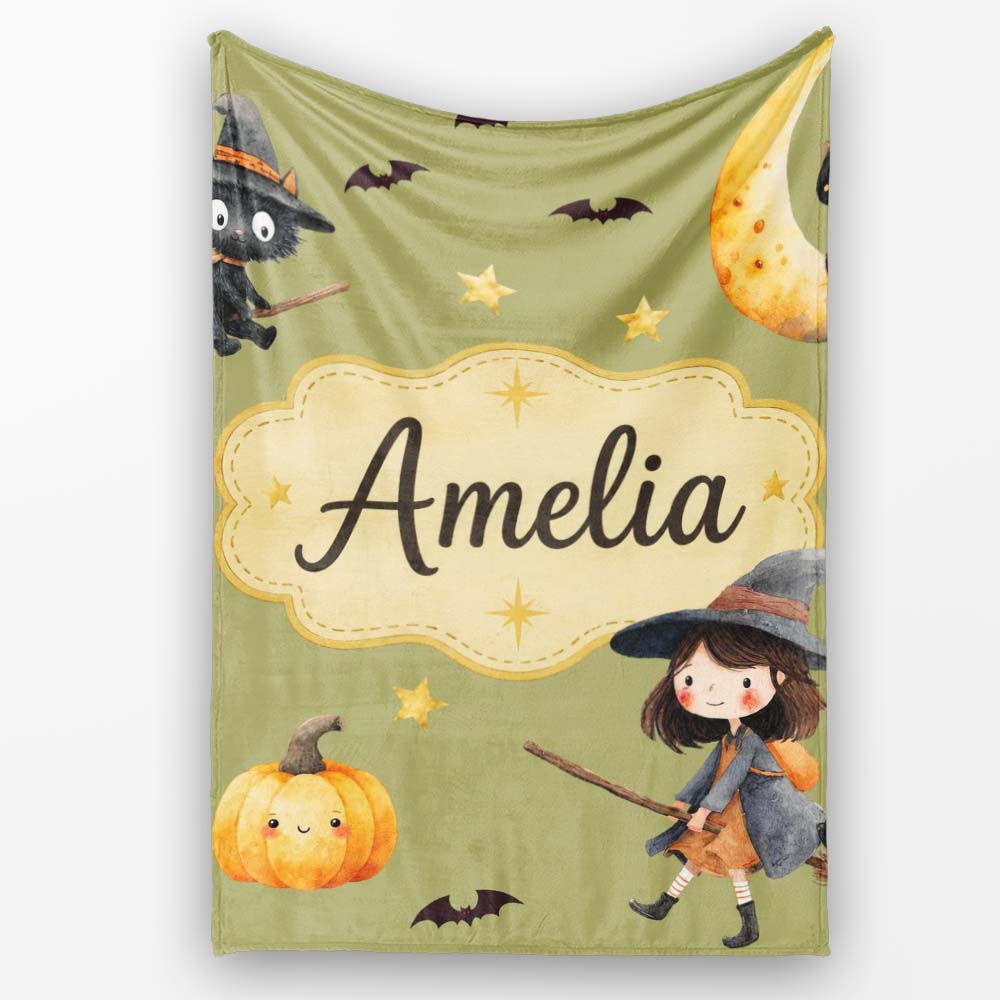 Halloween Witch Girl Flying with Cat, Bats, Stars Olive Green Lovely  Personalised Custom Name Super Soft Fleece Blanket Bed Sofa Throw