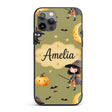 Halloween Witch Girl Flying with Cat, Bats, Stars Custom Name Protective Phone Case Mobile Cover Durable Everyday Smartphone Shock Resistant