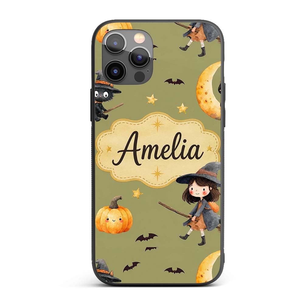 Halloween Witch Girl Flying with Cat, Bats, Stars Custom Name Protective Phone Case Mobile Cover Durable Everyday Smartphone Shock Resistant