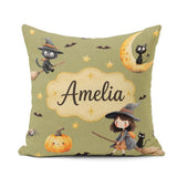 Custom Name Witch Girl Flying with Cat, Bats, Stars Olive Green Square Filled Cushion Throw Pillow Sofa Bed Home Decor Zip Washable UK Made