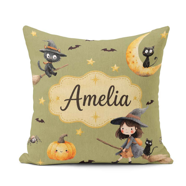 Custom Name Witch Girl Flying with Cat, Bats, Stars Olive Green Square Filled Cushion Throw Pillow Sofa Bed Home Decor Zip Washable UK Made