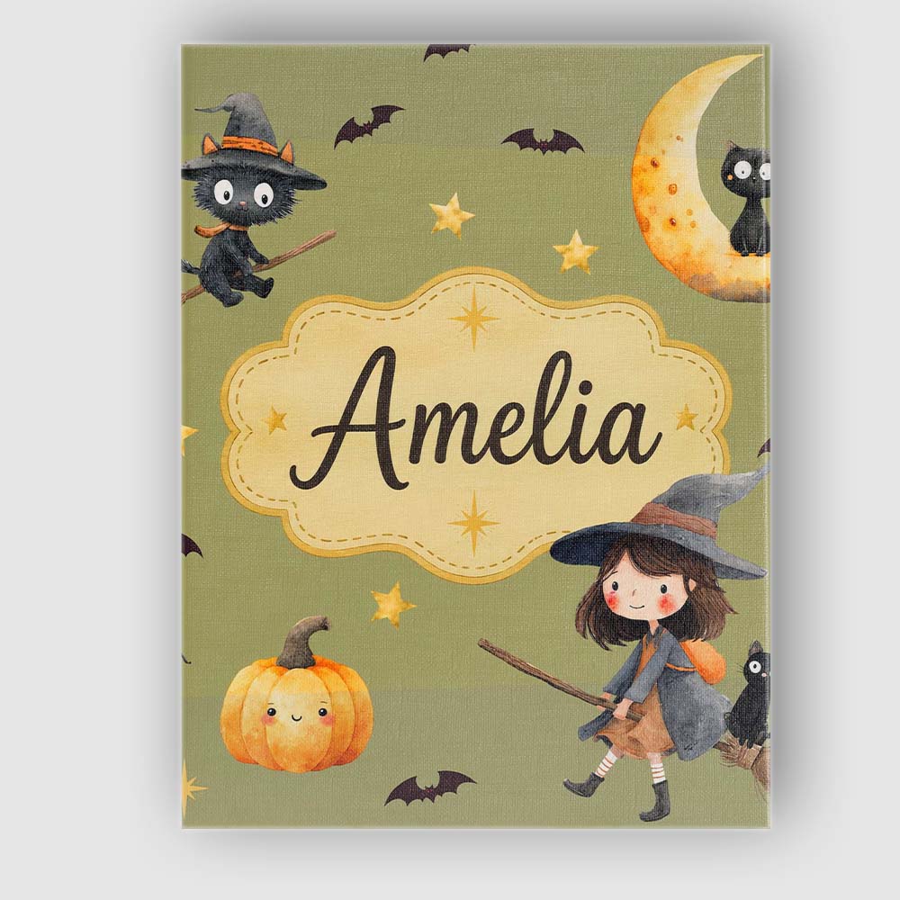 Personalised Name Halloween Witch Girl Custom  Modern Room Accent Elegant Feature Canvas Wall Art Print Decor Picture Ready to Hang