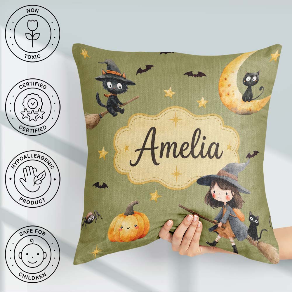 Custom Name Witch Girl Flying with Cat, Bats, Stars Olive Green Square Filled Cushion Throw Pillow Sofa Bed Home Decor Zip Washable UK Made
