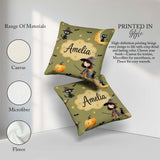 Custom Name Witch Girl Flying with Cat, Bats, Stars Olive Green Square Filled Cushion Throw Pillow Sofa Bed Home Decor Zip Washable UK Made