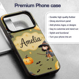 Halloween Witch Girl Flying with Cat, Bats, Stars Custom Name Protective Phone Case Mobile Cover Durable Everyday Smartphone Shock Resistant