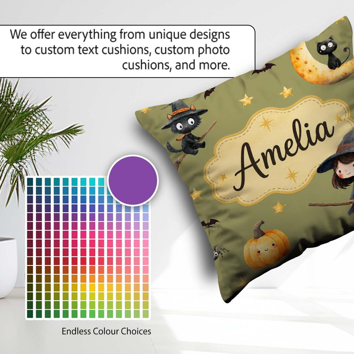Custom Name Witch Girl Flying with Cat, Bats, Stars Olive Green Square Filled Cushion Throw Pillow Sofa Bed Home Decor Zip Washable UK Made