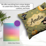 Custom Name Witch Girl Flying with Cat, Bats, Stars Olive Green Square Filled Cushion Throw Pillow Sofa Bed Home Decor Zip Washable UK Made