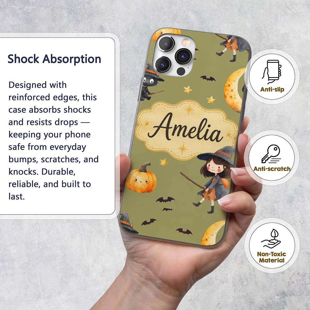 Halloween Witch Girl Flying with Cat, Bats, Stars Custom Name Protective Phone Case Mobile Cover Durable Everyday Smartphone Shock Resistant