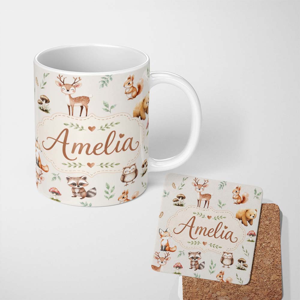 Personalized Custom Name Woodland Deer Bear Fox Owl Raccoon Leaves Mushrooms Light Grey 11oz Ceramic Coffee Tea Mug White Large Handle