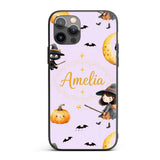 Witch Girl and Black Cat with Moon and Stars Custom Name Protective Phone Case Mobile Cover Durable Everyday Smartphone Shock Resistant