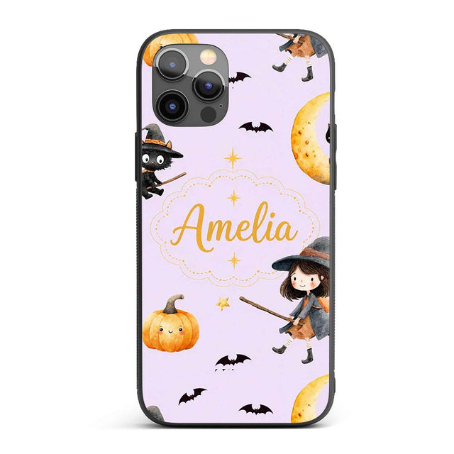 Witch Girl and Black Cat with Moon and Stars Custom Name Protective Phone Case Mobile Cover Durable Everyday Smartphone Shock Resistant