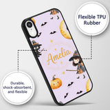 Witch Girl and Black Cat with Moon and Stars Custom Name Protective Phone Case Mobile Cover Durable Everyday Smartphone Shock Resistant