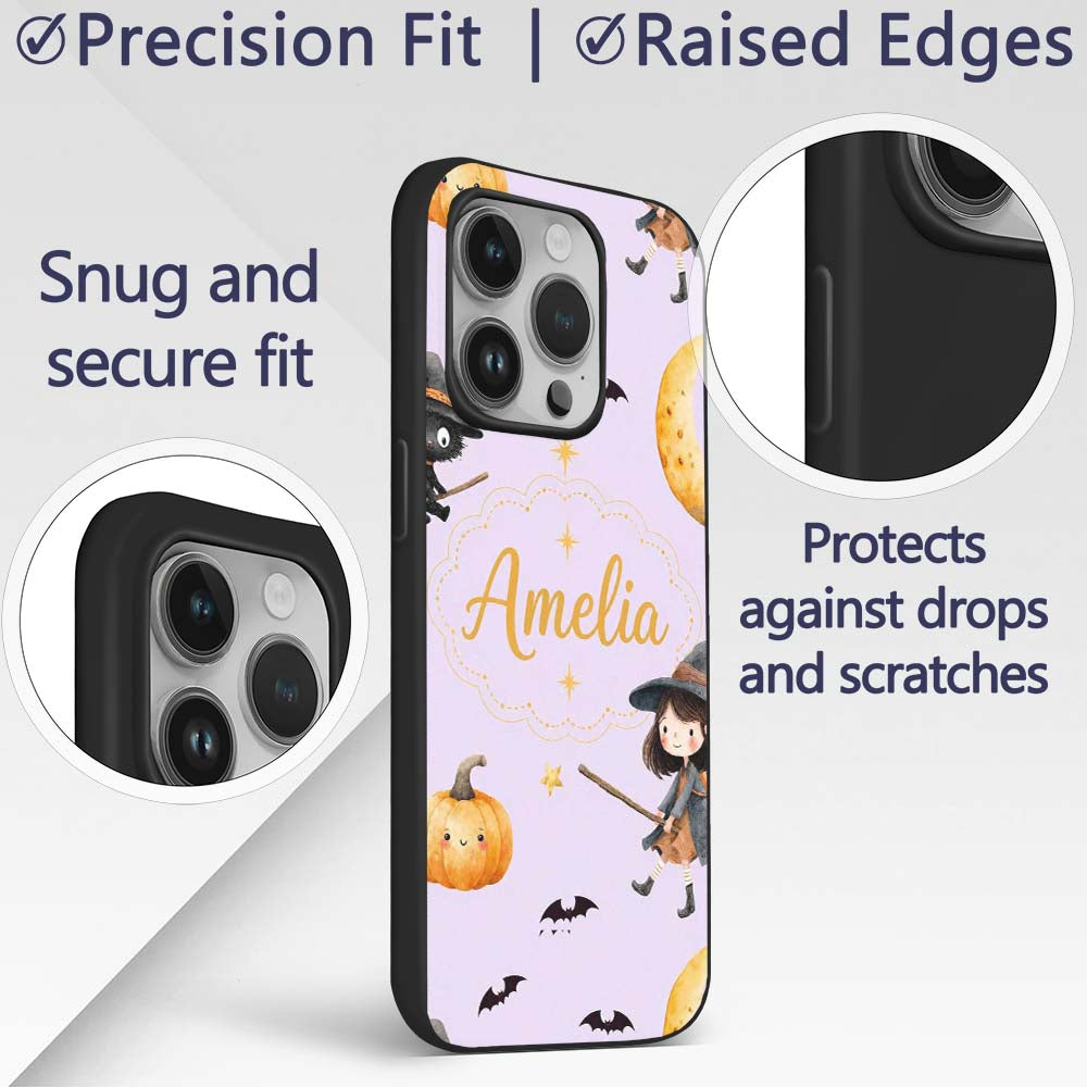 Witch Girl and Black Cat with Moon and Stars Custom Name Protective Phone Case Mobile Cover Durable Everyday Smartphone Shock Resistant