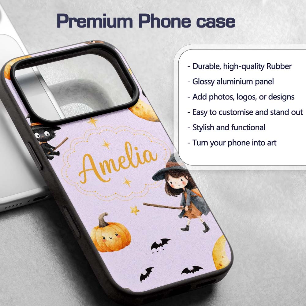 Witch Girl and Black Cat with Moon and Stars Custom Name Protective Phone Case Mobile Cover Durable Everyday Smartphone Shock Resistant