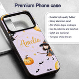 Witch Girl and Black Cat with Moon and Stars Custom Name Protective Phone Case Mobile Cover Durable Everyday Smartphone Shock Resistant