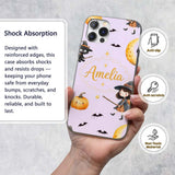 Witch Girl and Black Cat with Moon and Stars Custom Name Protective Phone Case Mobile Cover Durable Everyday Smartphone Shock Resistant