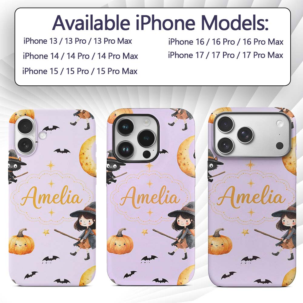 Witch Girl and Black Cat with Moon and Stars Custom Name Protective Phone Case Mobile Cover Durable Everyday Smartphone Shock Resistant