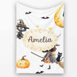 Halloween Witch Girl with Black Cats Moon and Stars Greys Lovely  Personalised Custom Name Super Soft Fleece Blanket Bed Sofa Throw