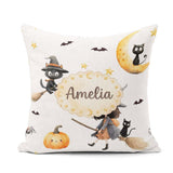 Custom Name Halloween Witch Girl with Black Cats and Stars Greys Square Filled Cushion Throw Pillow Sofa Bed Home Decor Zip Washable UK Made