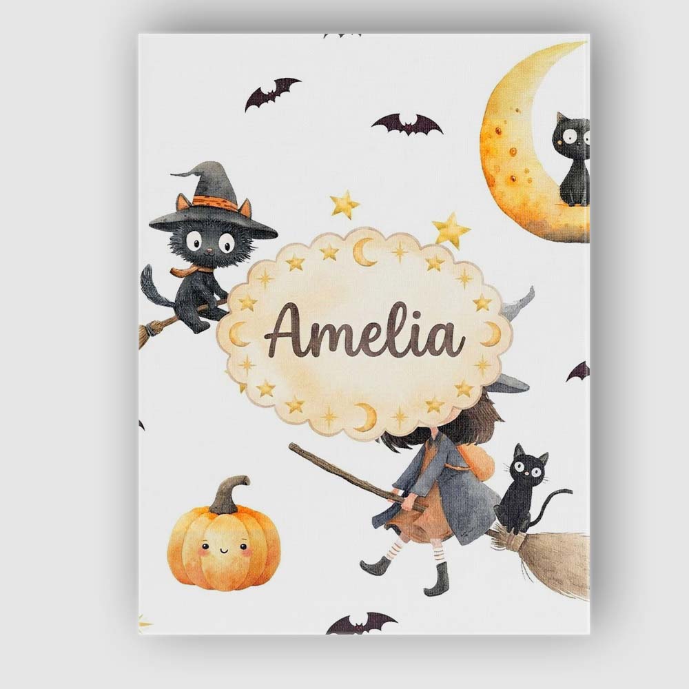 Personalised Name Halloween Witch Girl with Custom  Bespoke Interior Contemporary Canvas Wall Art Print Decor Picture Ready to Hang