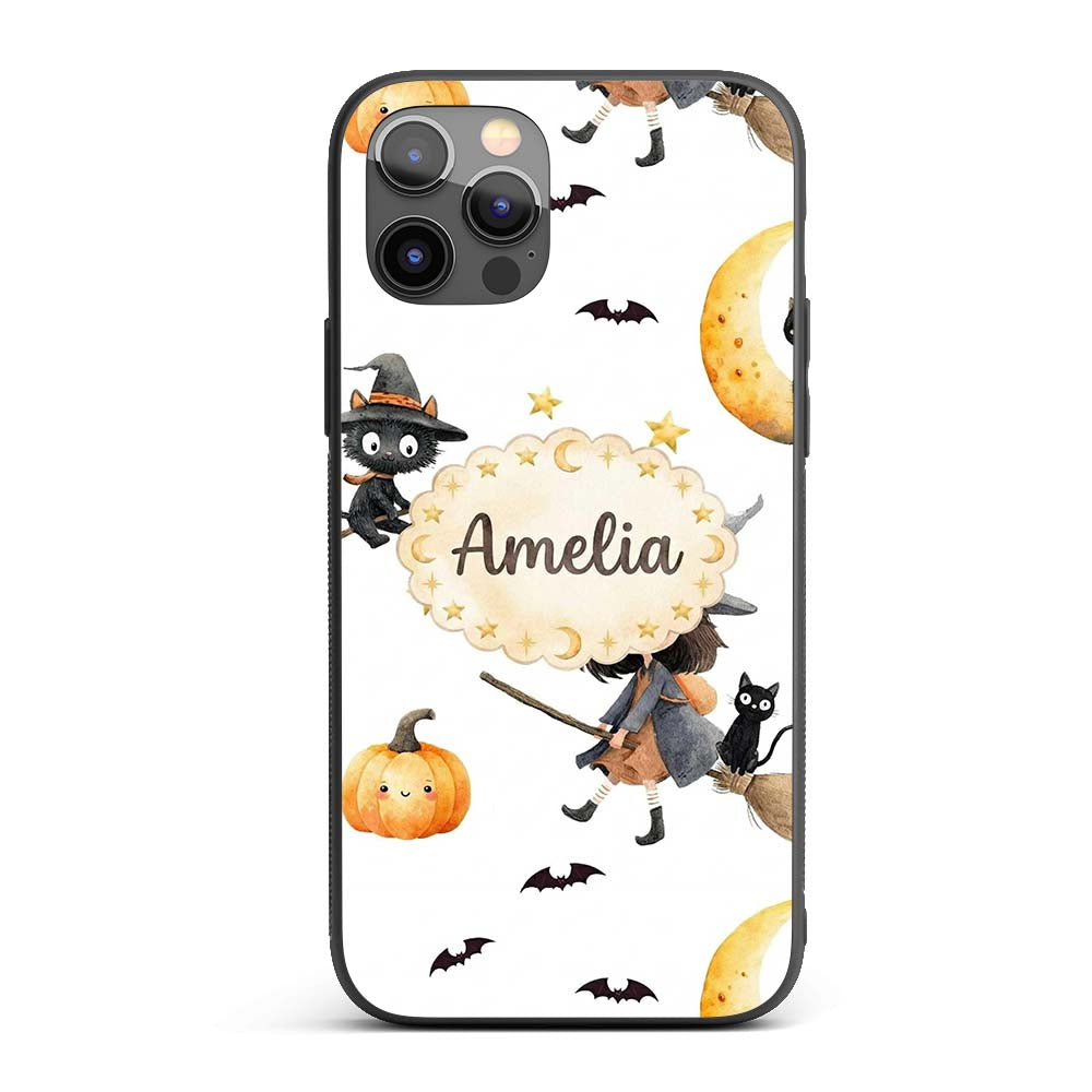 Halloween Witch Girl with Black Cats Moon and Custom Name Protective Phone Case Mobile Cover Durable Everyday Smartphone Shock Resistant