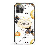 Halloween Witch Girl with Black Cats Moon and Custom Name Protective Phone Case Mobile Cover Durable Everyday Smartphone Shock Resistant