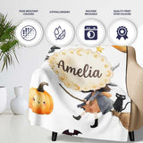 Halloween Witch Girl with Black Cats Moon and Stars Greys Lovely  Personalised Custom Name Super Soft Fleece Blanket Bed Sofa Throw