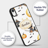 Halloween Witch Girl with Black Cats Moon and Custom Name Protective Phone Case Mobile Cover Durable Everyday Smartphone Shock Resistant