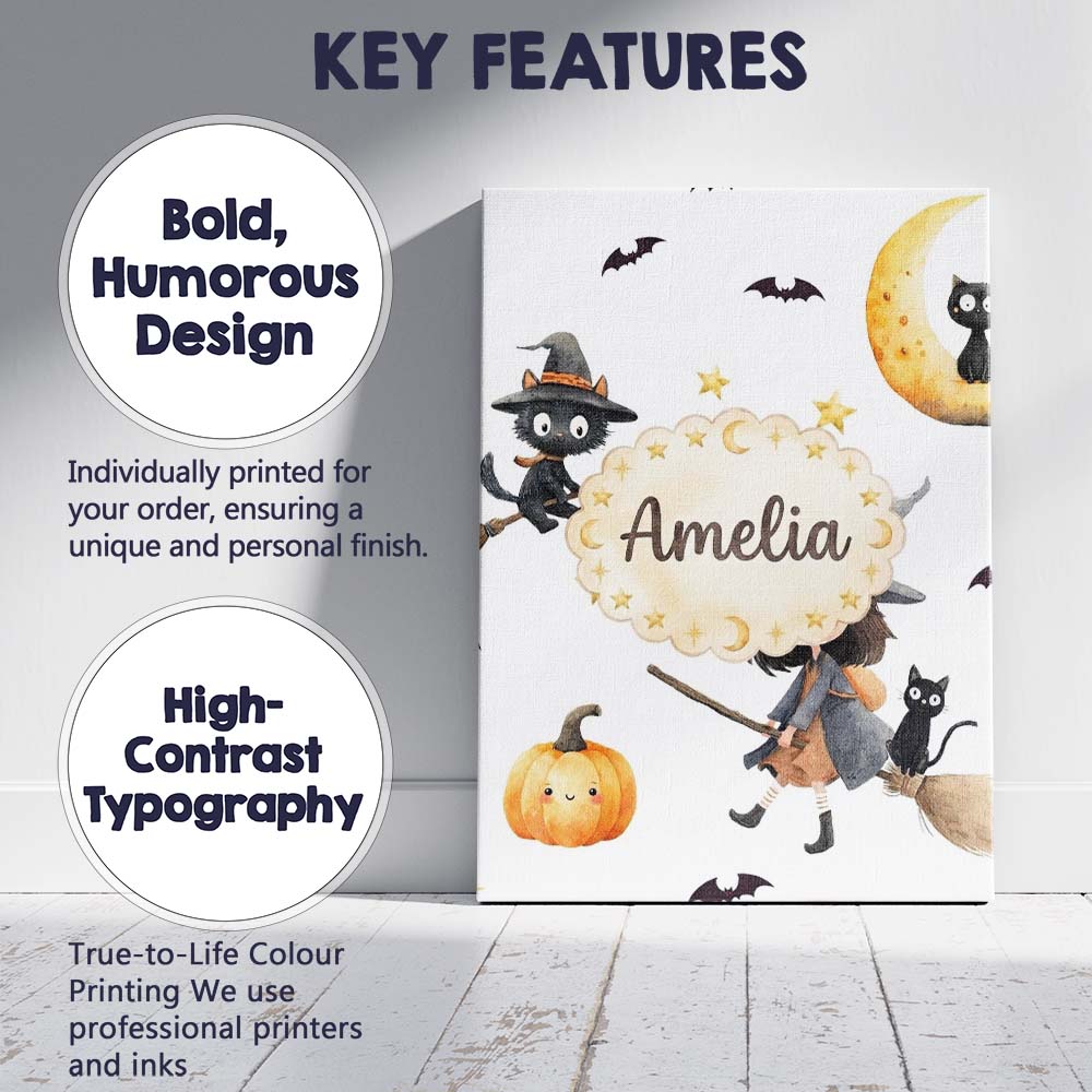 Personalised Name Halloween Witch Girl with Custom  Bespoke Interior Contemporary Canvas Wall Art Print Decor Picture Ready to Hang