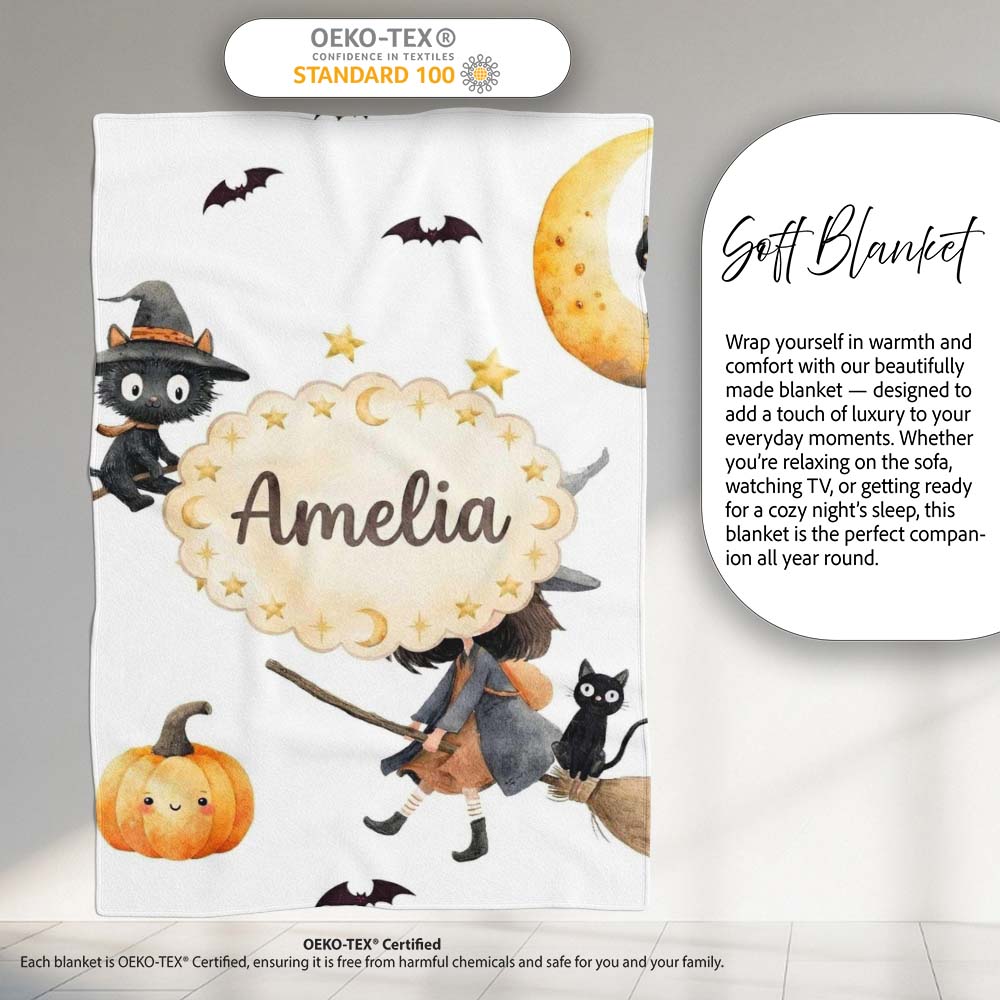 Halloween Witch Girl with Black Cats Moon and Stars Greys Lovely  Personalised Custom Name Super Soft Fleece Blanket Bed Sofa Throw